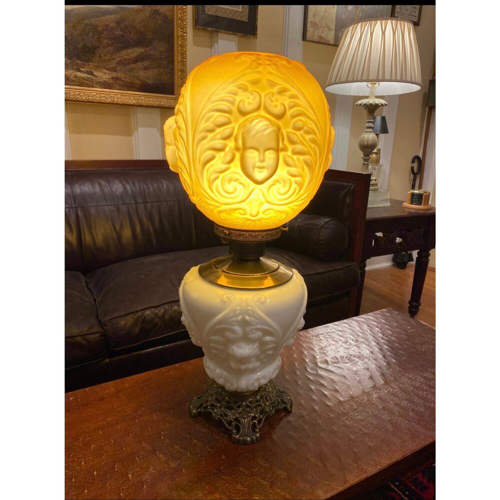 Art Nouveau Figural Table Lamp Amber and Face Milk Glass Base Ornate Brass Foot